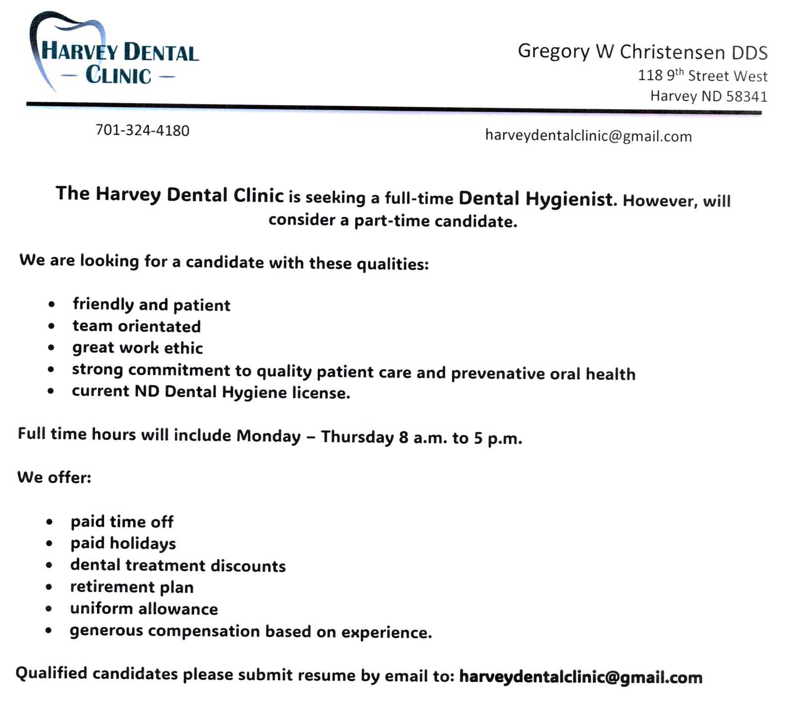 Dental Hygienist ad Harvey Dental Clinic